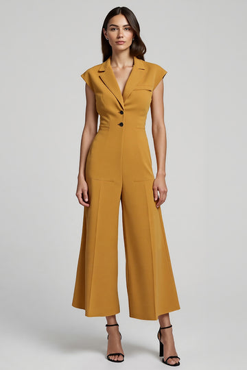 Yellow Notched Lapel Work Jumpsuits with Cap Sleeves